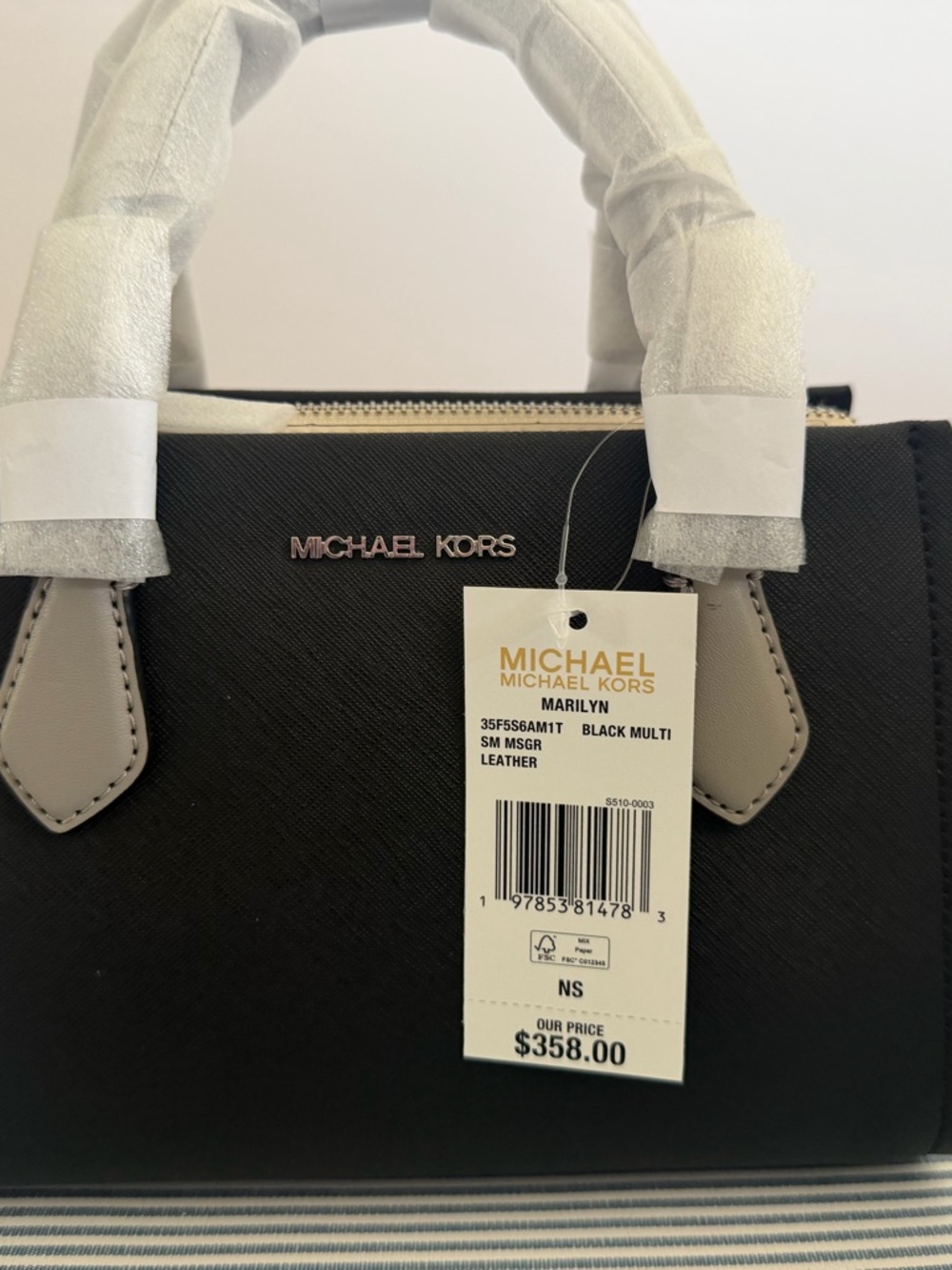 Michael Kors Marilyn Leather Satchel - Black with Light Gray Handles